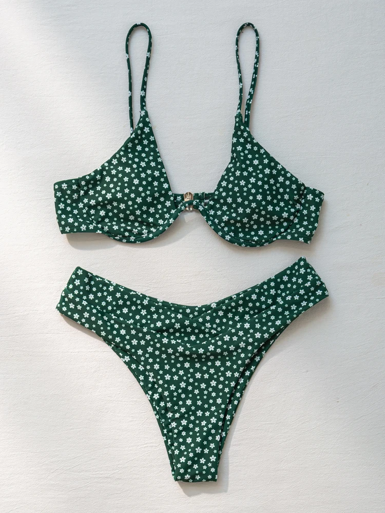 

Europe and the United States 2020 hot style sexy bikini high waist cross split green leopard swimsuit lace-up swimsuit