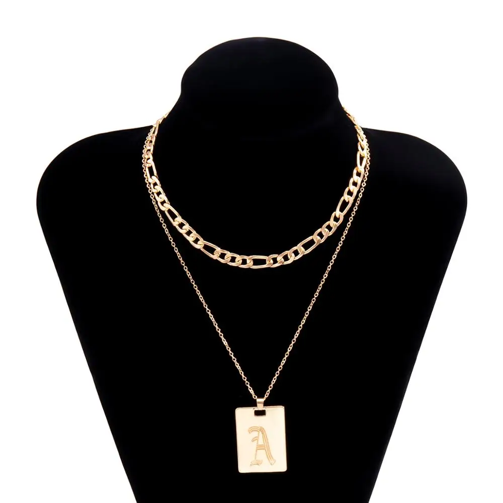 

2Pcs/Set Multi Layered Initial Letter A Square Pendant Necklace Simple Minimalist Gold Color Choker Necklaces for Women Jewelry