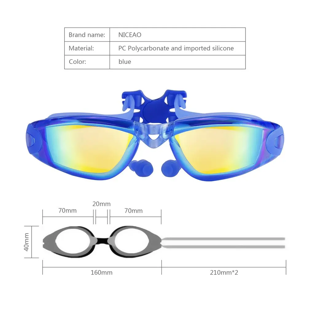 

NICEAO Electronic Plating HD Waterproof No Leaking Anti-Fog Adjustable Soft Silicone Swim Goggle With Free Earplug Nose clip
