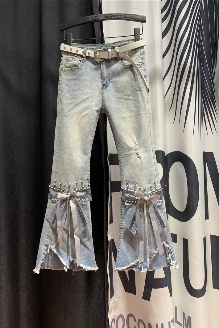 

High Waist Worn Jeans Female 2020 Spring New Model Irregular Beaded Heavy Craft Bell-bottom Pants Streetwear Jeans Woman