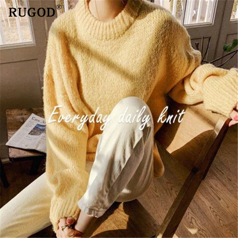 RUGOD Korean oversized sweater Fashion ins solid round neck long sleeve knitted pullovers Vintage mutil color auturm winter coat | Женская