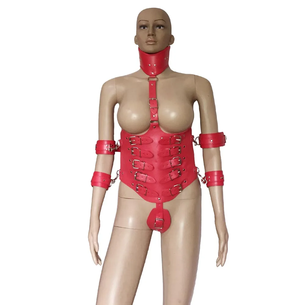 

PU Leather Lock Down Open Cup Underbust Corset with Attached Choker Collar Arm Restraint Cuffs Women Bodysuit Fetish Costume