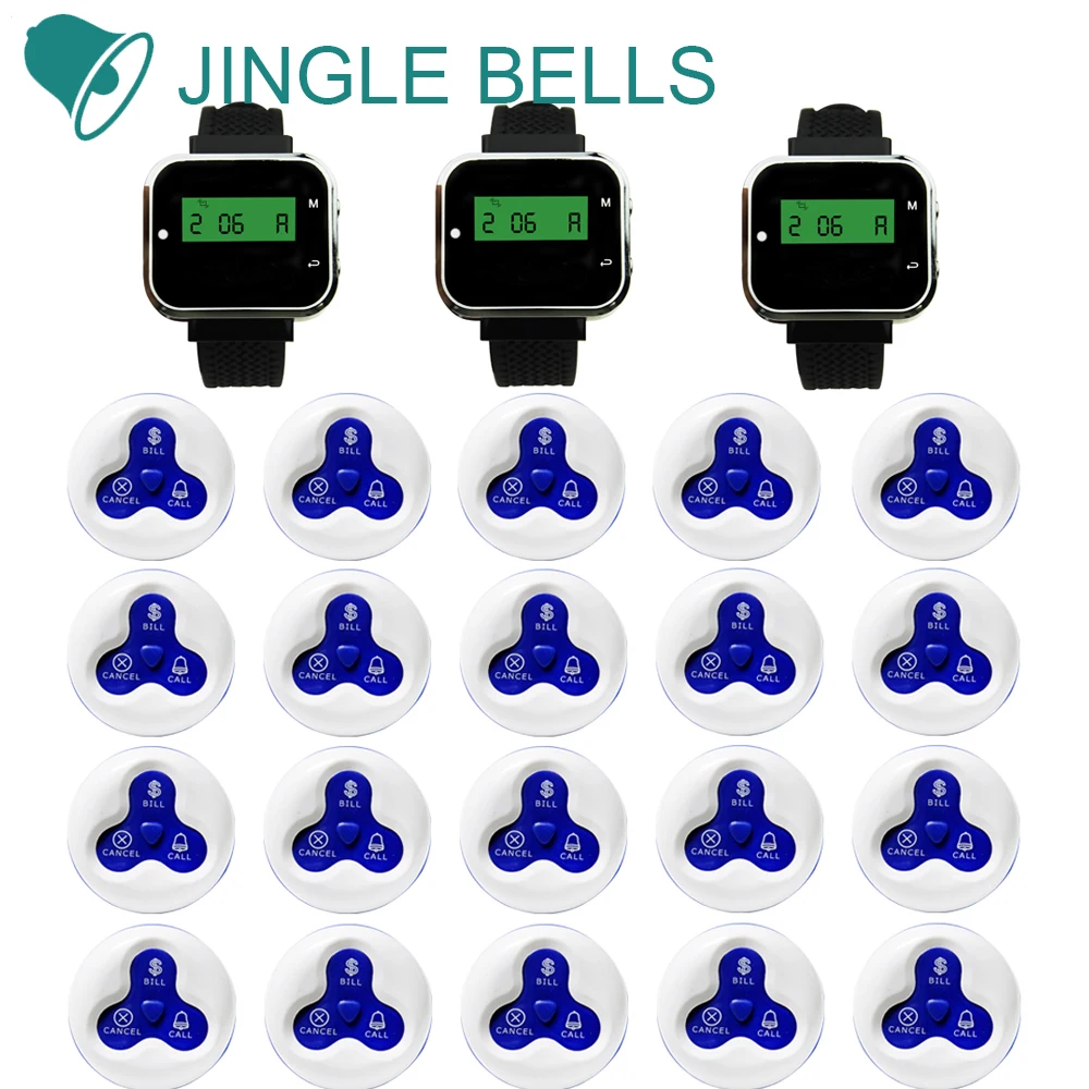 Беспроводная система вызова JINGLE BELLS 20 кнопок + 3 часы пейджера|call button|watch pagerpager watch |