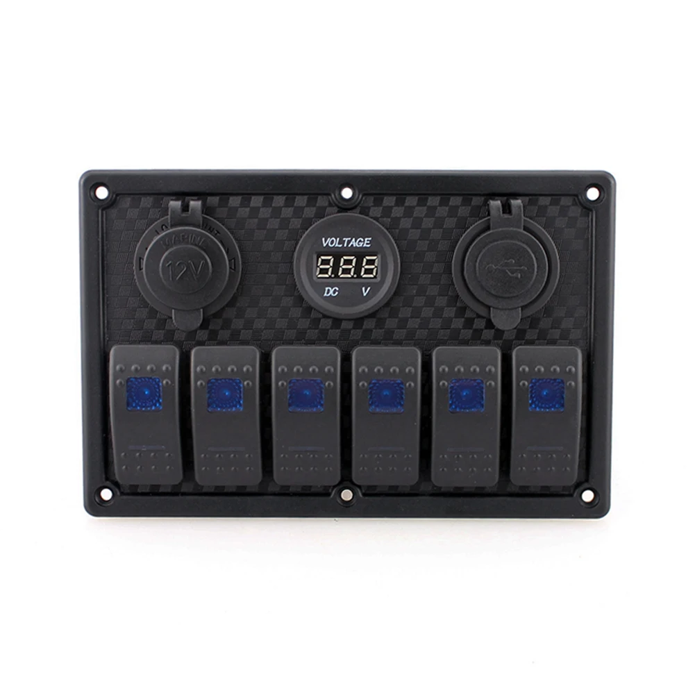

6 Gang Car Blue LED Circuit Rocker Switch Panel USB Charger Marine Boat Rocker Switch Panel with Voltmeter USB Car Charger