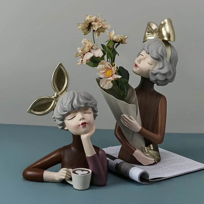 

Nordic Style Resin Vase Girl Holding Vase Statue Cartoon Dried Flower Modern Home Art Decoration For Bedroom Table Ornament