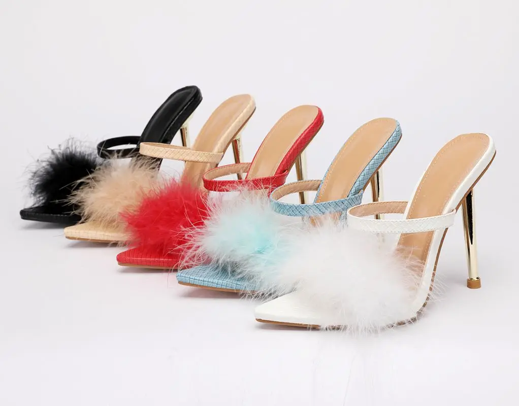 

2022 summer new pointed hairy shallow mouth stiletto heels for women's sandals and high-heeled slippers