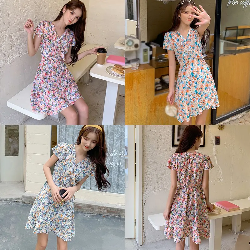 

Women's Sexy Beach Style Floral Print Dress Vintage V-Neck Sweet Short Sleeve Short Mini Dresses Party Holiday Dress Female
