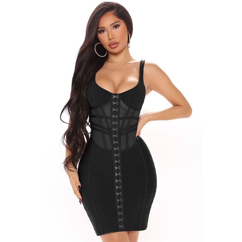 

Hot Sale Summer 2021 Fashion Sexy Sleeveless Mesh Black Bodycon Mini Bandage Dress Chic Zipper Celebrity Party Dress Vestido