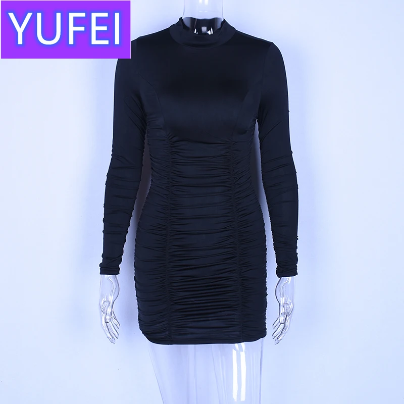 

Hugcitar satin long sleeve high neck high waist bodycon sexy mini dress 2019 autumn winter women fashion party elegant clothes