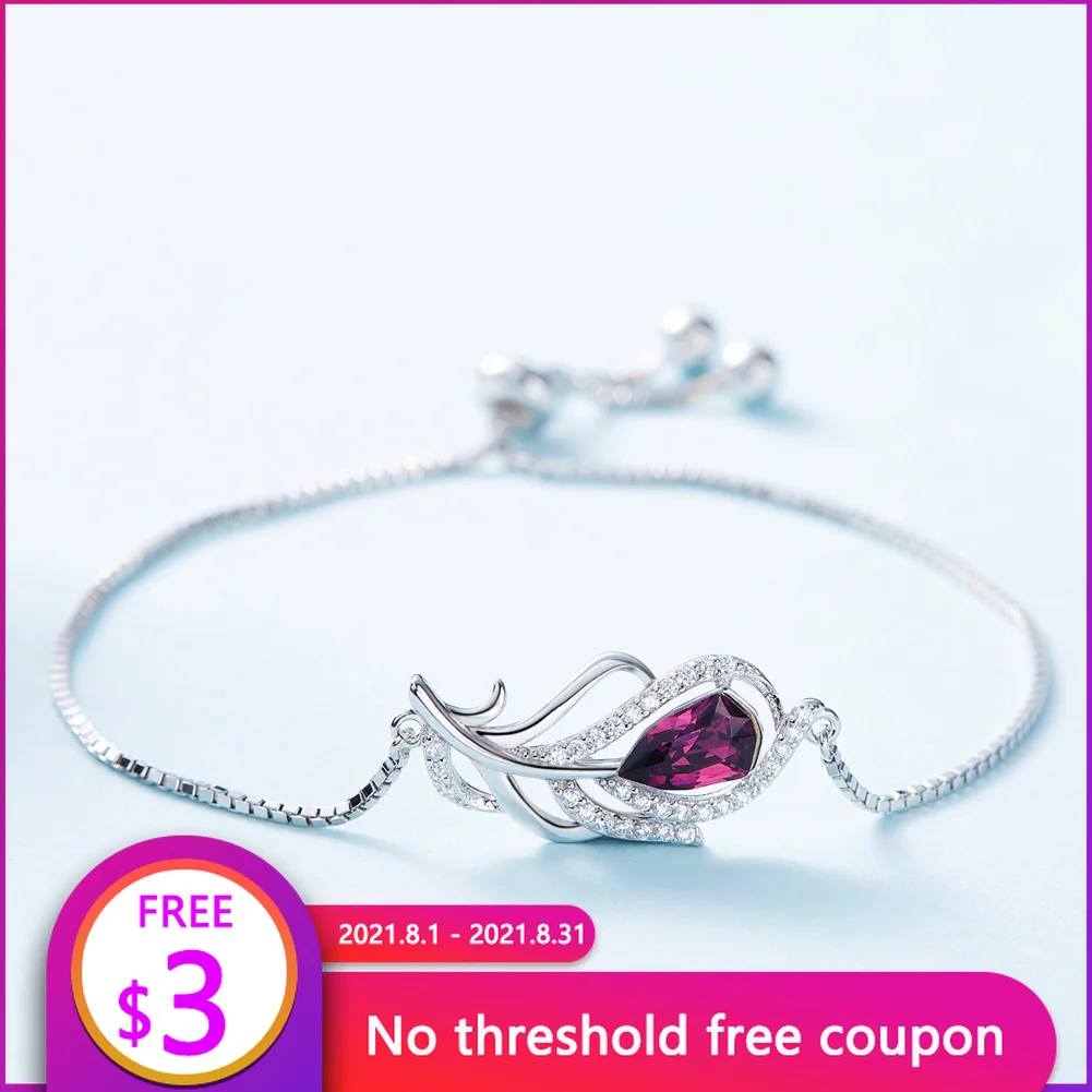 

TARMAFIA Bracelets Jewelry for Women 925 Sterling Silver Feather Purple Red Crystal Adjustable Beads Bracelet Silver 925 Jewelry