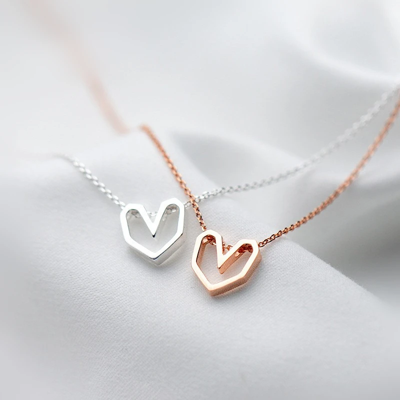 

100% 925 Sterling Silver Love Heart Shaped Pendant Rose Gold Color Plated Link Chain Necklaces for Women Fine Jewelry Gifts