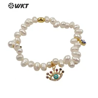 wt mb116 wkt fashion natural pearl bracelet pearl with cz pave evil eye charm bracelet women fashion jewelry gift for lady