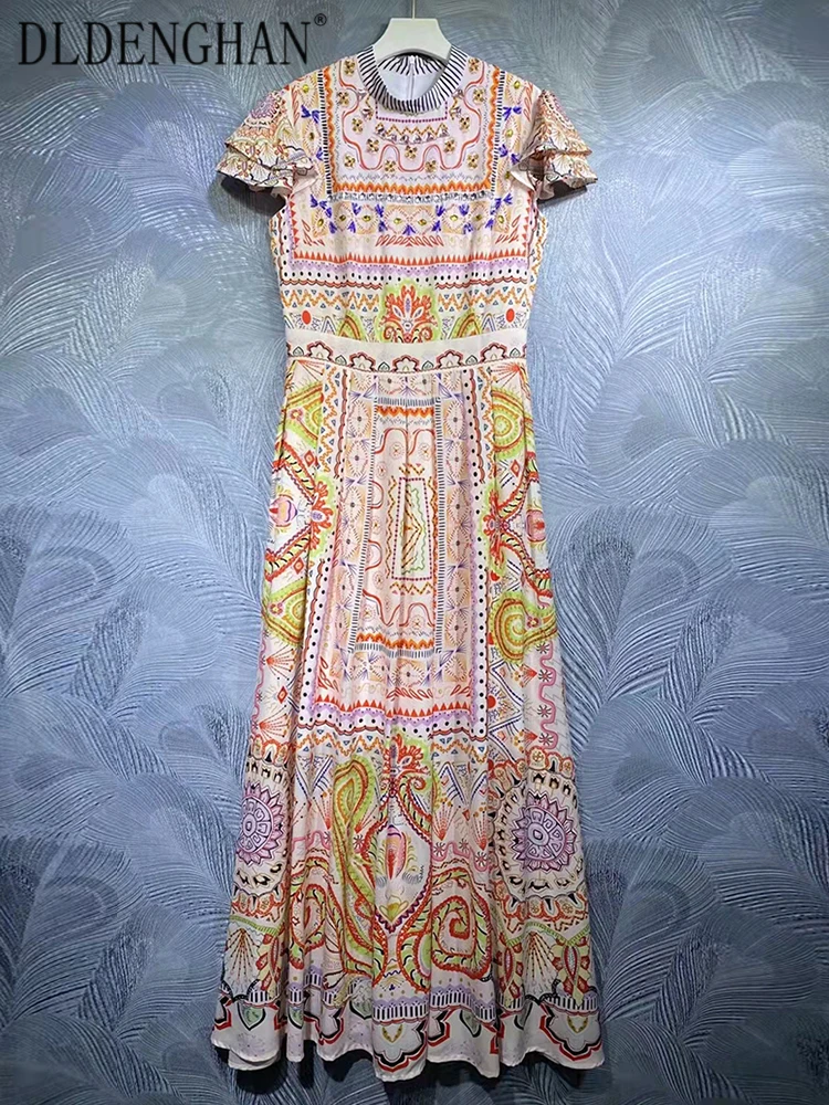 

DLDENGHAN Runway Designer Summer Maxi Dress Women Stand Collar Butterfly Sleeve Crystal Diamonds Vintage Print Long Dresses