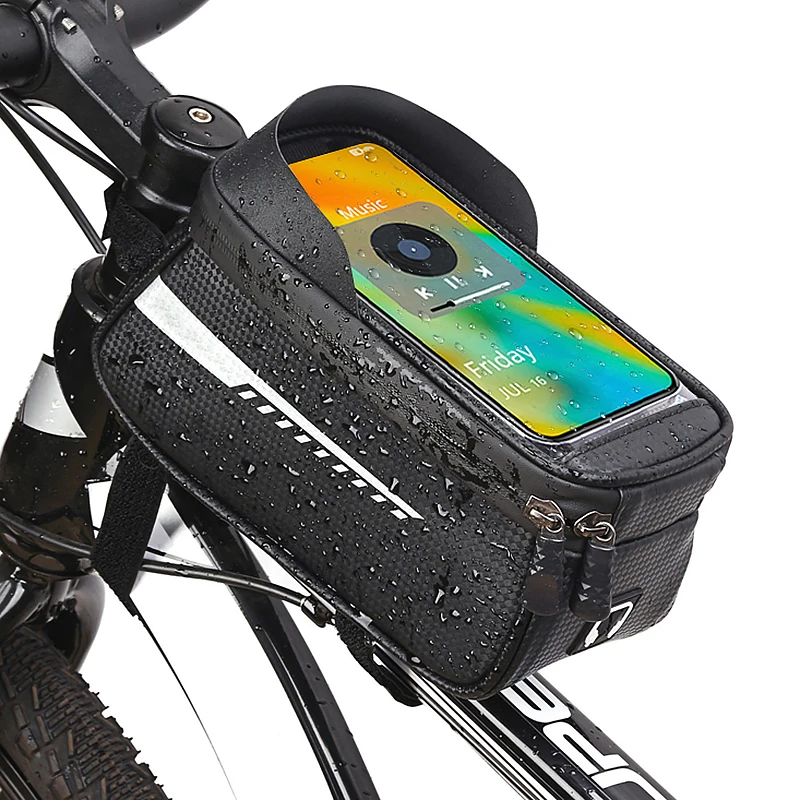 Bolsa frontal para bicicleta, soporte para teléfono móvil con pantalla táctil, tubo superior,