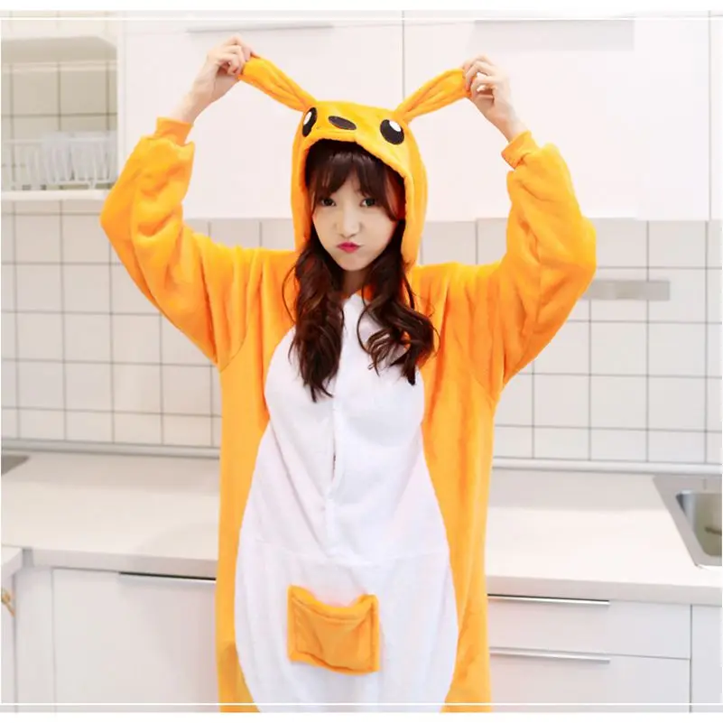 New Adults Animal Pajamas Cartoon Sleepwear Kangaroo Pajamas Sets Anime Kigurumi Women Men Warm Flannel Hooded