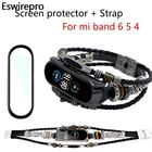 Ремешок в стиле ретро для Xiaomi Mi Band 5 6 3 4, кожаный браслет, 3D Защитная пленка для экрана умных часов, чехол на miband 4