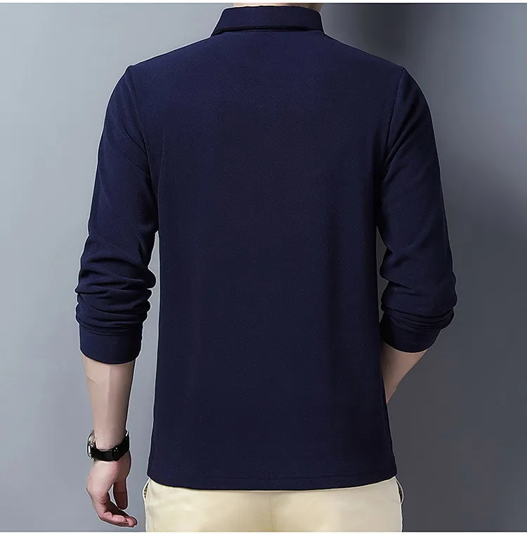 

2021 Spring Autumn Middle-Aged Men's Velvet Fabric Long-Sleeved Lapel T-Shirt Business Gentleman Straight Polo Shirt Top ZG43112