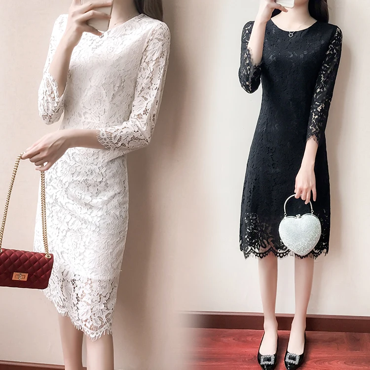

2021 New Spring and Autumn Women's Clothing French Entry Lux Mid-Length over-the-Knee Sexy Cutout Elegant Lace Dress