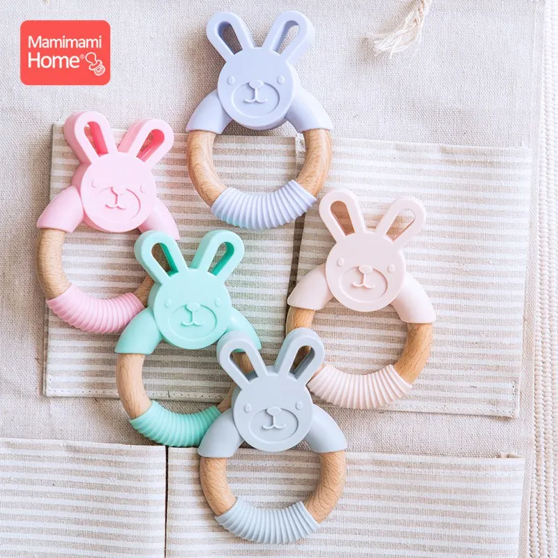Mamihome Baby Wooden Teether Animal Ring Silicone Rodent Beech Wooden Blank Rabbit Ears baby products Toys Pacifier Pendant Gift