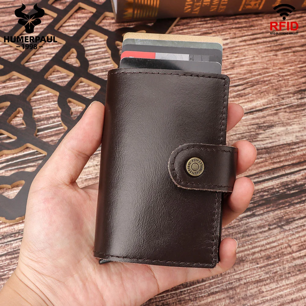 

Тонкий кошелек из натуральной кожи для мужчин и женщин, кредитница с RFID-защитой и алюминиевым выдвижным смарт-кошельком, маленький держател...