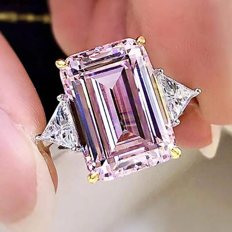 

Vintage 925 Sterling Silver Women's Rings 10*14mm Emerald Cut Topaz Pink Quartz Lab Diamond Gemstone Wedding Bands Fine Jewelry