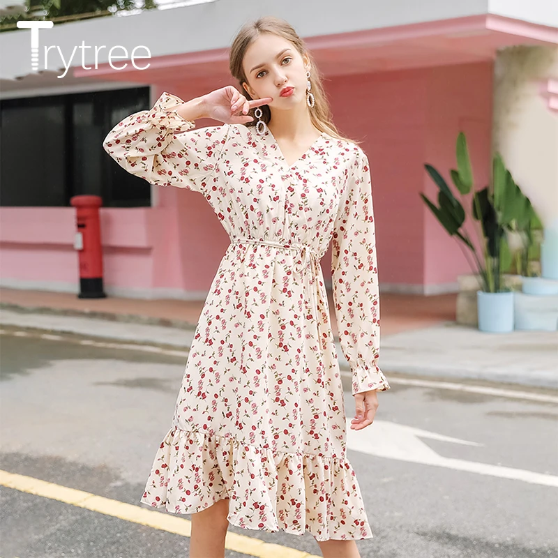 Trytree 2020 весеннее женское платье повседневное v образный вырез рукав фонарик а