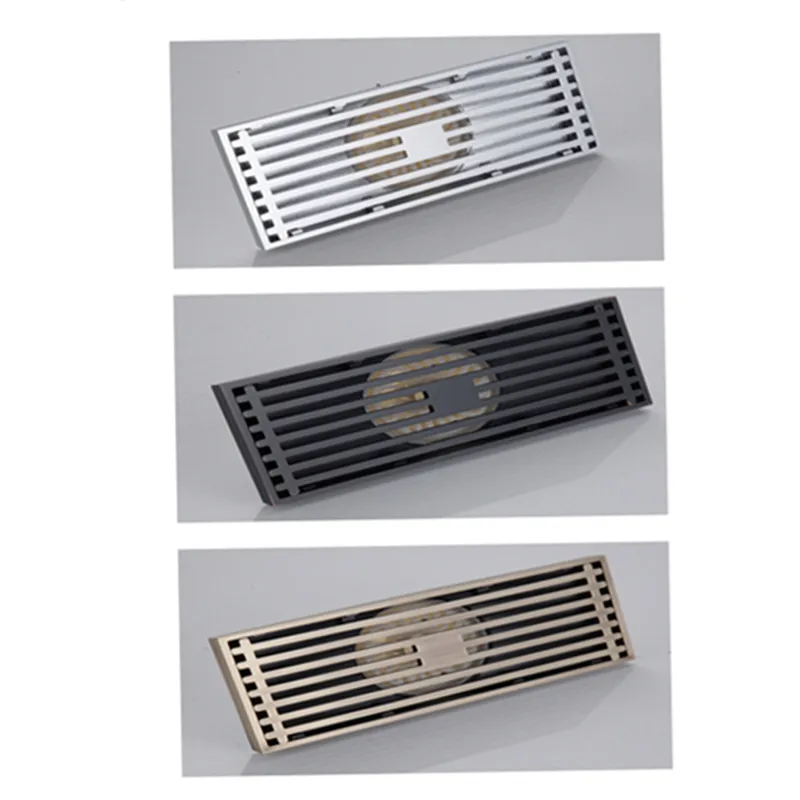 

042 Black/Chrome Brass Shower Drain Bathroom Shower Floor Drain 8*20 cm Wire Strainer Cover Waste Drain Anti-Odor Drain