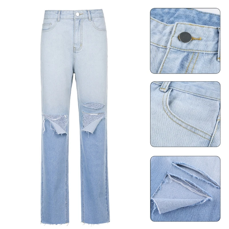 

Women High Waist Gradient Blue Color Jeans Ripped Distressed Hole Denim Pants Harajuku Hip Hop Straight Loose Trousers