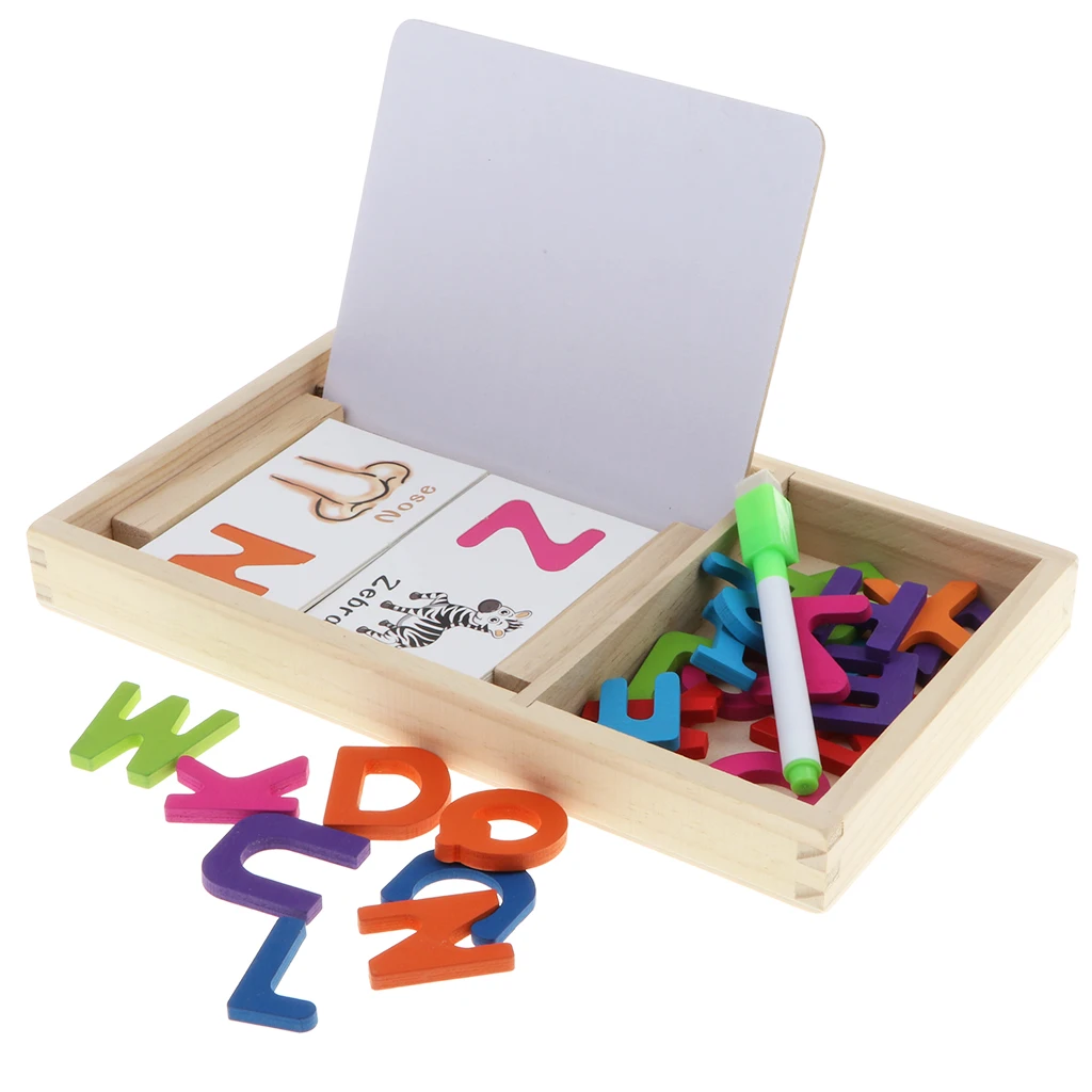 

Kids Wooden Alphabet Puzzle Box With Cards Early Writing Educational Toy