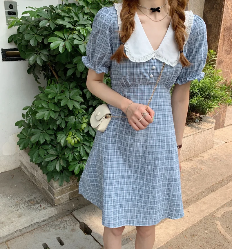 

Women's Dress Fashion Casual Dresses Lattice Splicing Doll Collar Dress Short Sleeve Korean New Summer
