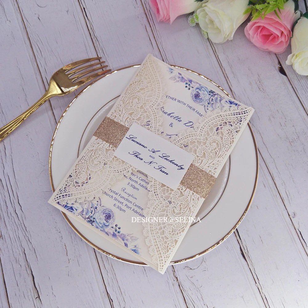 50 шт голубое цветочное Кружевное Свадебное приглашение с биркой и блестящим