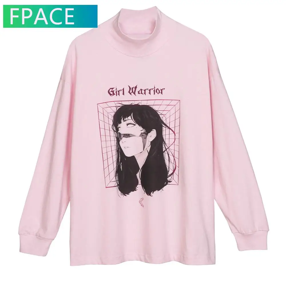 

FPACE Cartoon Robot Girl Print Long Sleeve Tees Shirts Streetwear Hip Hop Punk Rock Gothic Turtleneck Tshirts Harajuku Tops