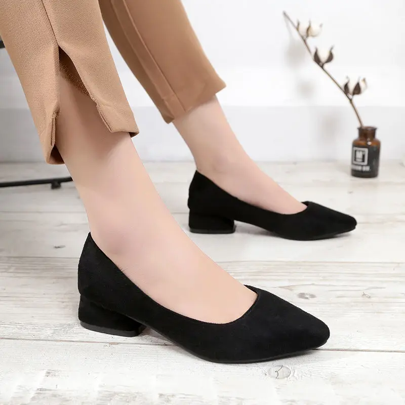 

Round Toe Thick Heel Women Shoes Flock Shallow Slip on Work Shoes Female Pumps Comfort Med Heels Ladies OL Office Shoes