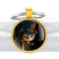 retro steampunk cat design glass cabochon metal pendant key chain classic men women key ring accessories keychains gifts