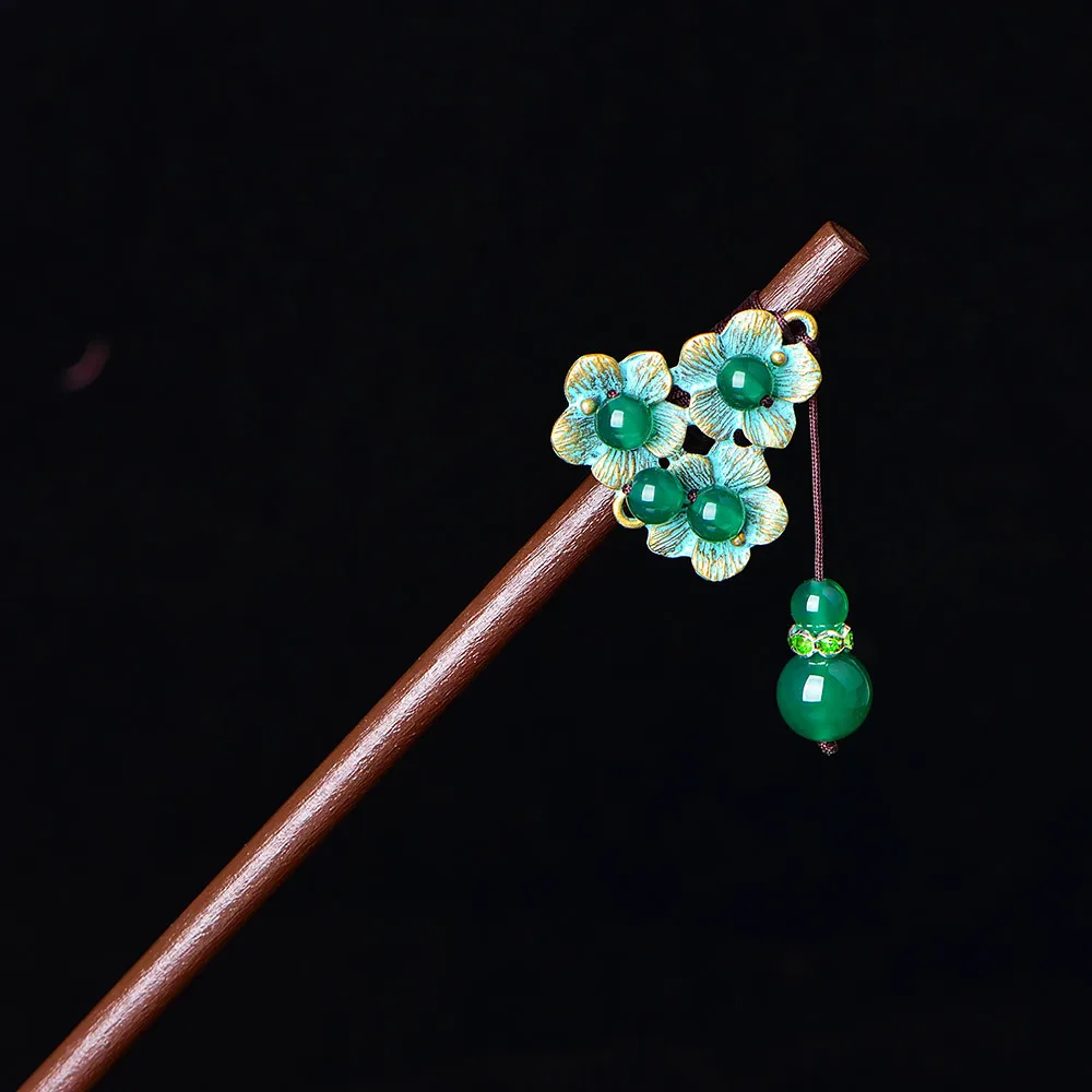 Шпилька для волос с нефритовым камнем и цветами Очаровательная ювелирные