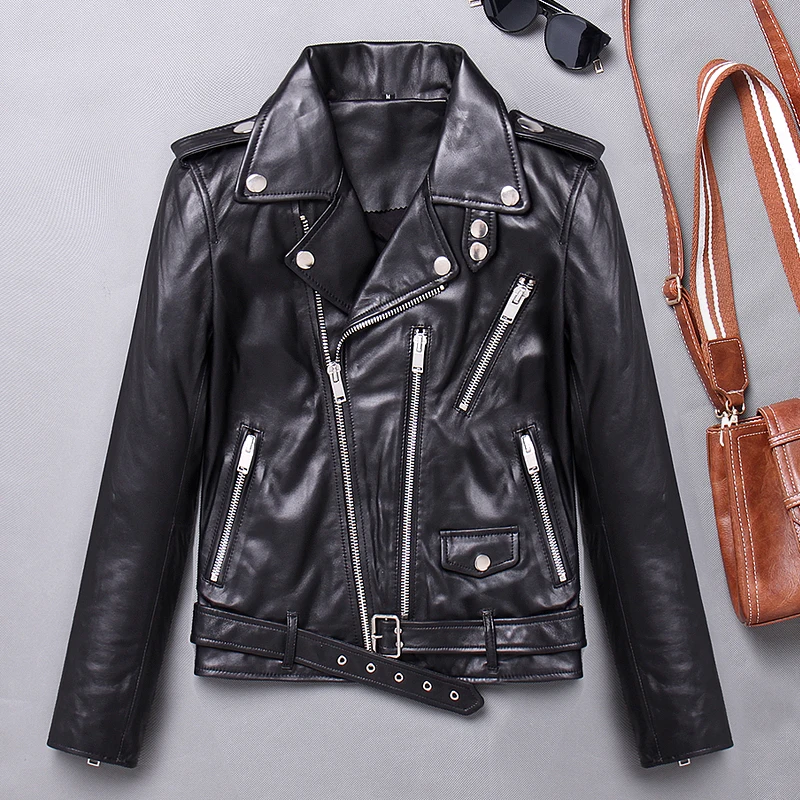 Autumn 100% New Sheepskin Real Jacket Women Slim Motorcycle Biker Genuine Leather Coat Short Ladies Streetwear Clothes