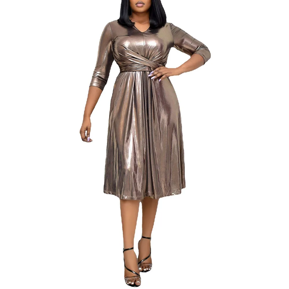 

Women's Dress Autumn New 2021 Europe America Solid Color Temperament Commute High Waist V-neck Long Sleeve Casual