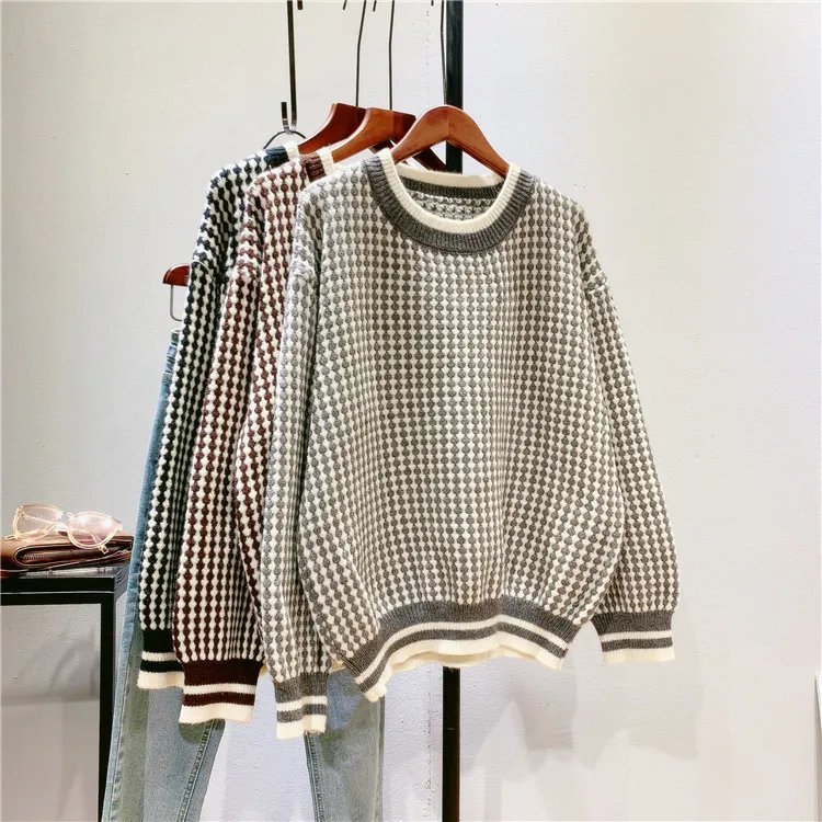 Новинка 2020 женский осенний свитер с круглым вырезом теплый в клетку длинным