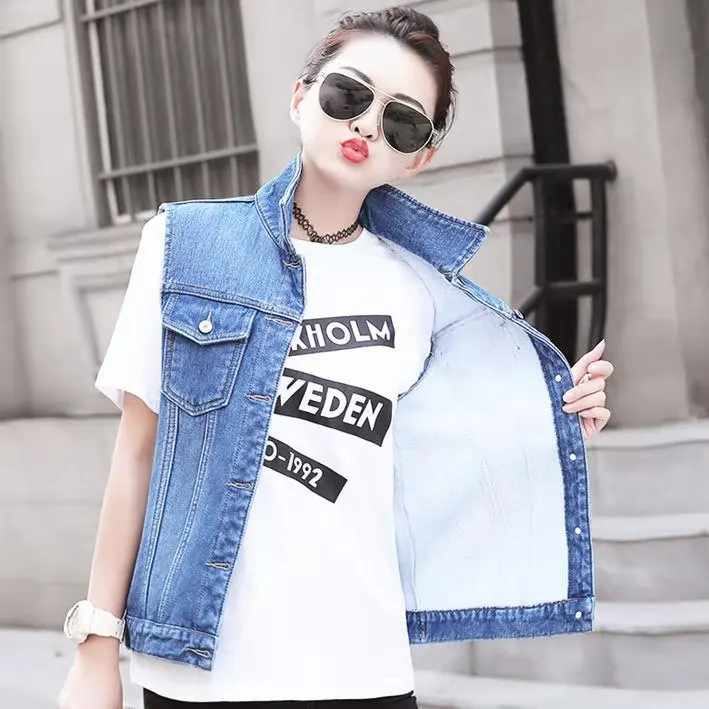 Женский джинсовый жилет универсальный без рукавов винтажная куртка из денима в