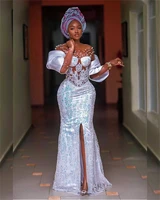 aso ebi african beaded mermaid evening dresses 2022 sheer neck pearls lace wedding gowns elegant formal occasions robe de soiree