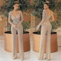 jumpsuits prom dress luxury beading glitter sequins robe de soiree sheer neck long sleeve evening gown