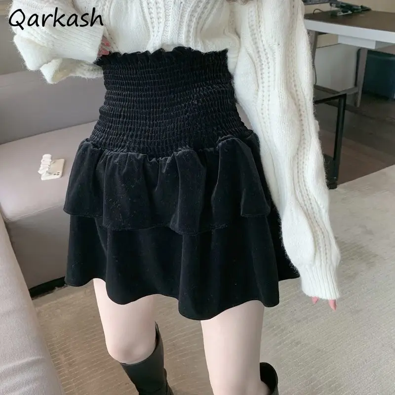 

Skirts Women Black Vintage Pleuche Design Autumn New Elastic High Waist Korean Fashion Mini Faldas Para Mujer Solid All-match BF