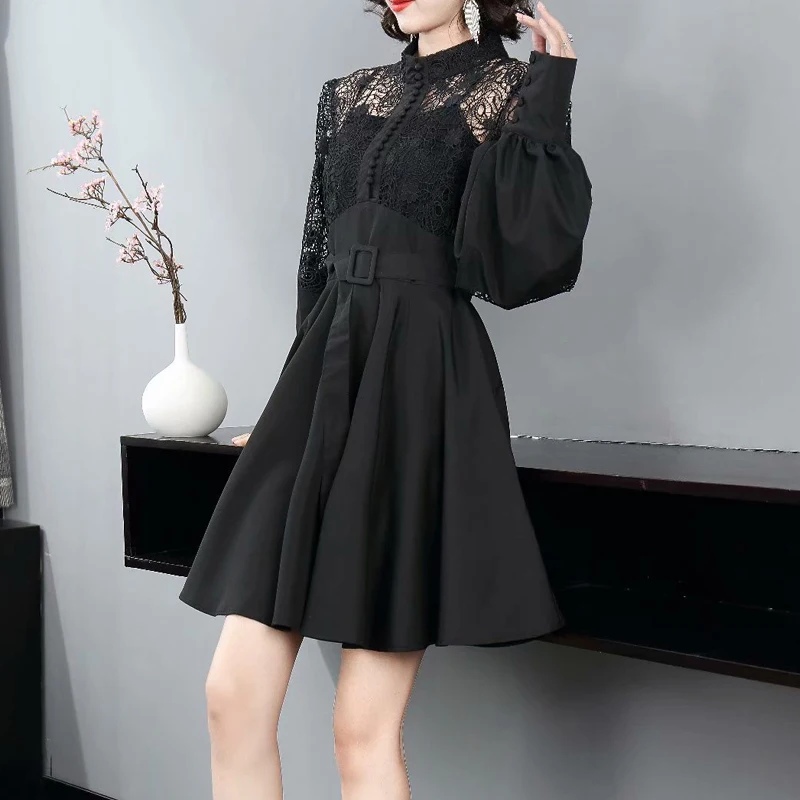 

Fashion 2021 Spring New Women'S Designer Hollow Embroidered Patchwork Lantern Sleeve Party Casual Vintage Elegant Mini Dress