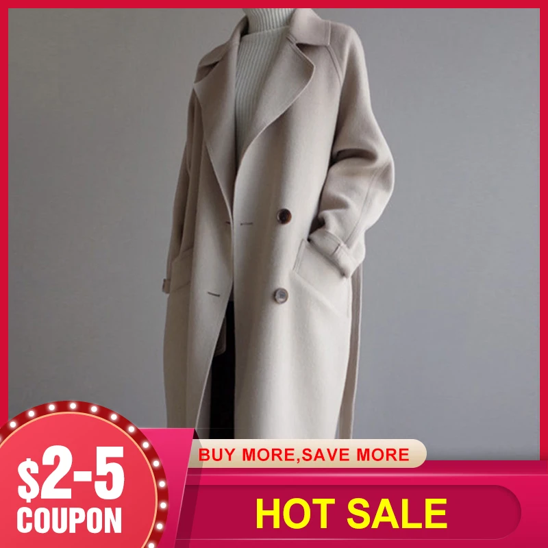 Пальто женское зимнее из смесовой шерсти с широким лацканом и карманами - купить