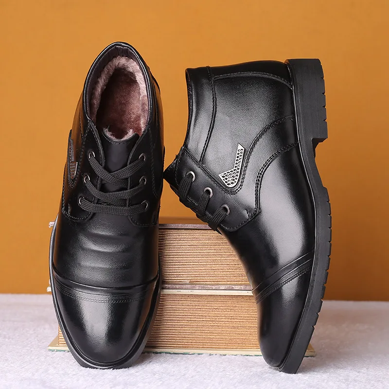 

Winter Boots Men Genuine Leather Shoes Fashion Leather Men Boots Warm Fur Cold Winter Male Ankle Booties Black Footwear KA2017