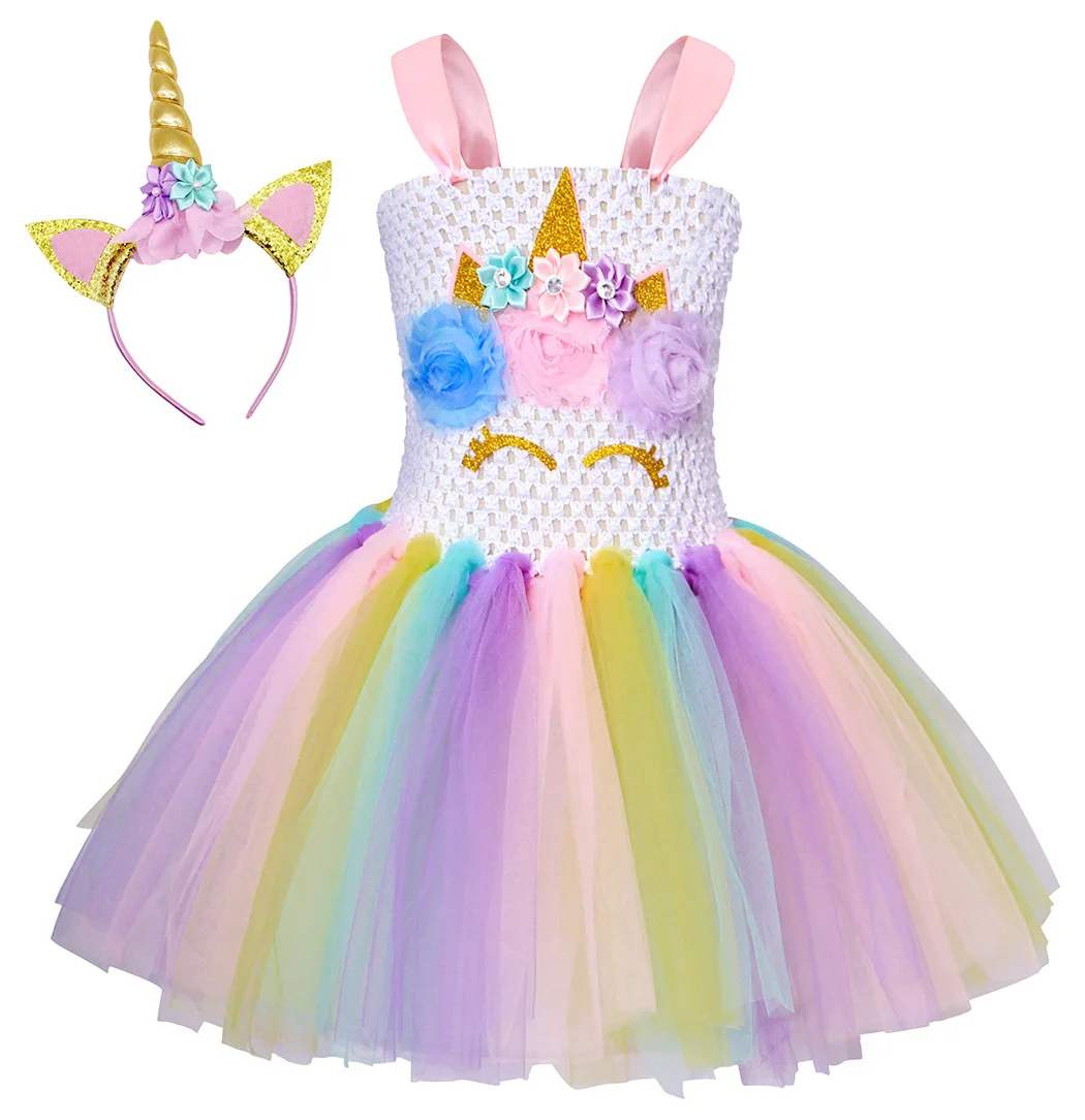 Unicorn Tutu Dress With Headband Fancy Girl Party Dresses Halloween Cosplay Rainbow Tulle Princess Kids Costumes | Тематическая