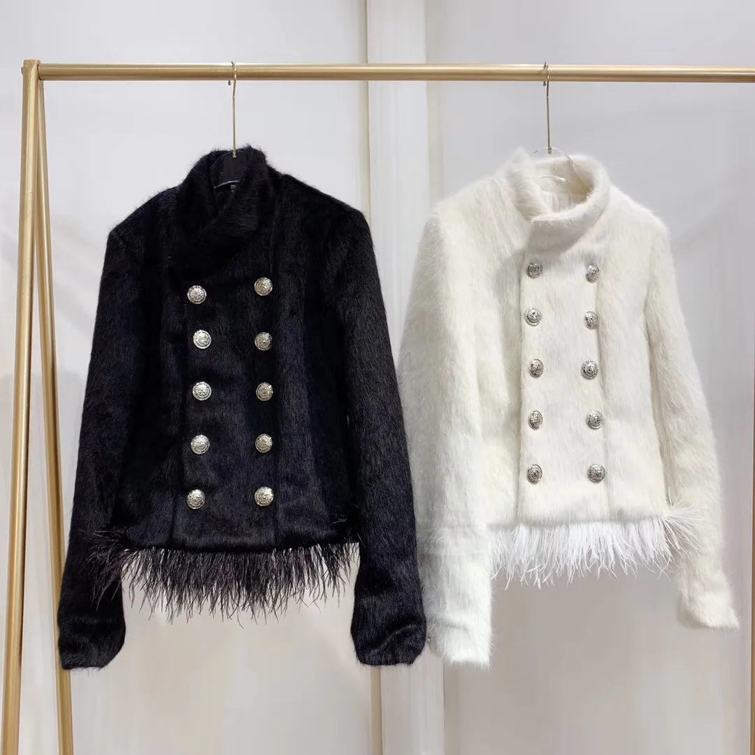 

New high grade mink velvet solid double breasted small Mock Neck ostrich hair splicing warm fur coat can customized big size