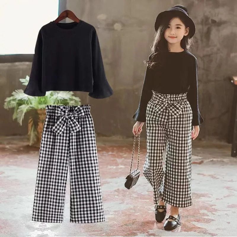 

2pc/1set Kids Girls Clothes Sets Long Sleeve T-shirts + Plaid Wide Leg Pants Autumn Children's Clothing Teenage