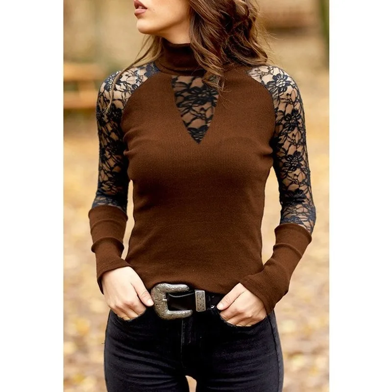 

Kalenmos Sexy Lace Patchwork Long-sleeved Blouse Women Slim Casual Top Fashion High Collar Solid Color 5XL Plus Size Clothing