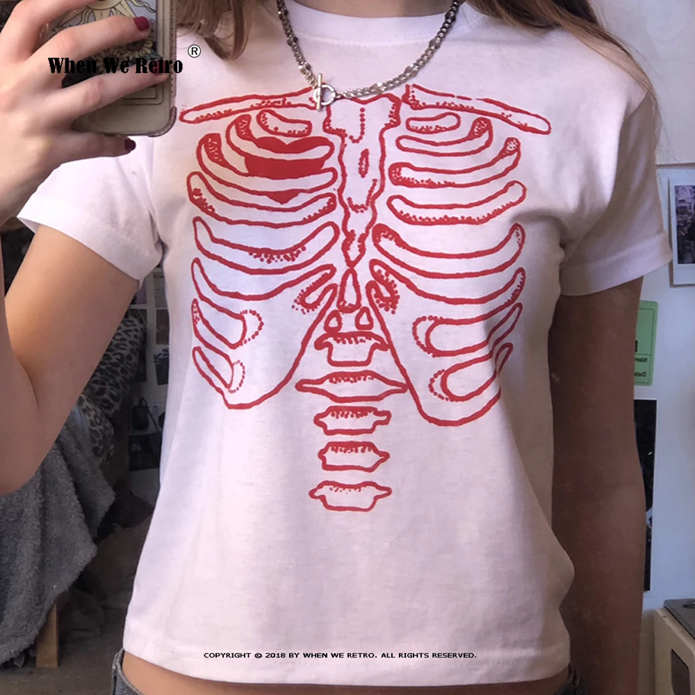 

Punk E-girl Tee Gothic skull print T-shirt 90s streetwear summer women's vintage casual O-neck basic crop top y2k Slim VD2167